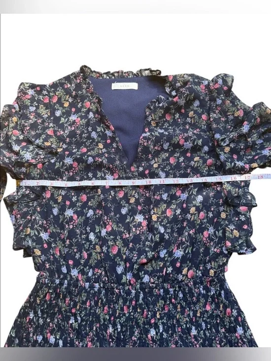 Lush Floral Smocked Mini Dress Medium Navy Blue Ruffle Long Sleeve Cottagecore - Picture 3 of 8